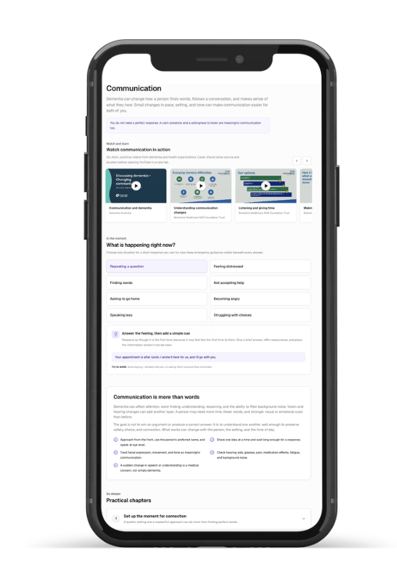 The DemiHelp app on a phone, showing a practical help guide on communication with videos and scenarios