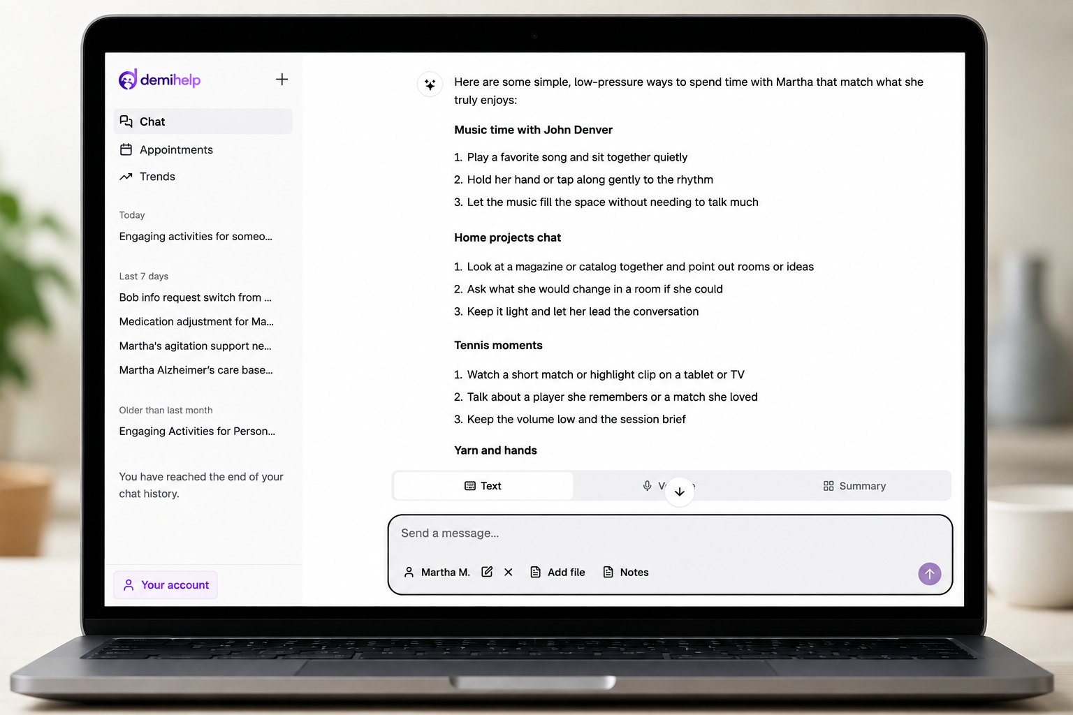 The DemiHelp app open on a laptop, showing a care summary with strategies and notes