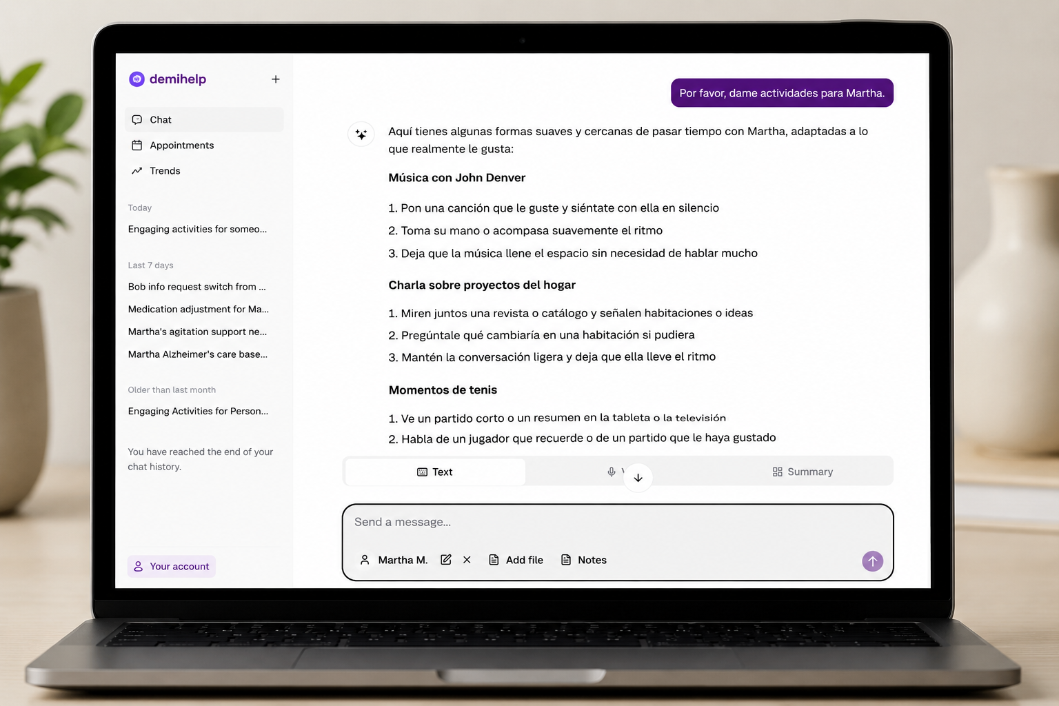 The DemiHelp app open on a laptop, answering a caregiver's question in Spanish with activity suggestions