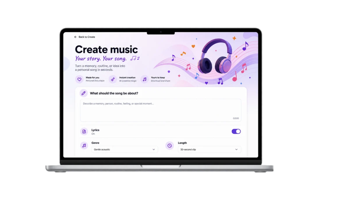 The DemiHelp app open on a laptop, showing the Create music screen for personalized songs