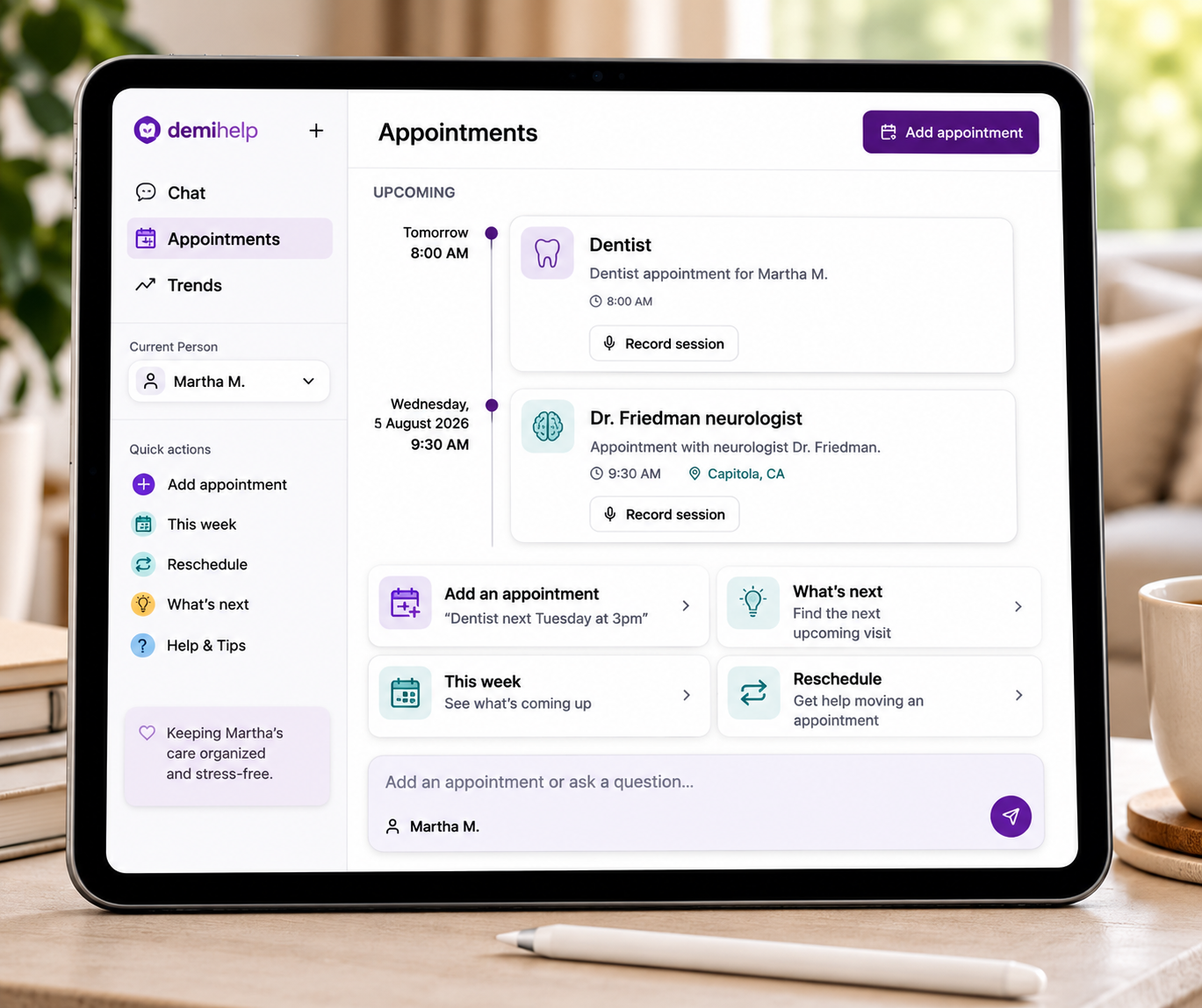 The DemiHelp app on a tablet showing the Appointment Tracking screen with upcoming doctor visits