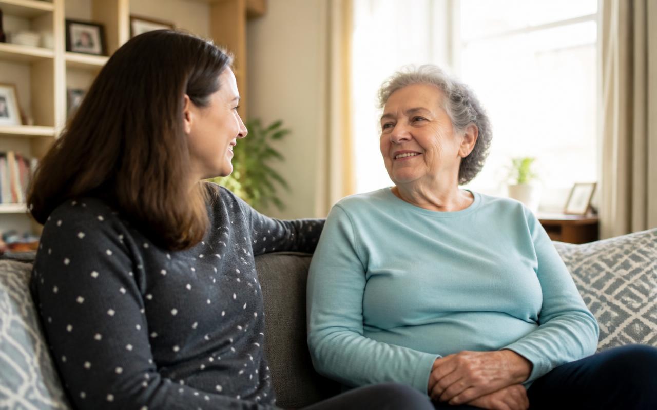 An adult daughter sitting calmly beside her elderly mother in a sunlit living room, offering quiet companionship