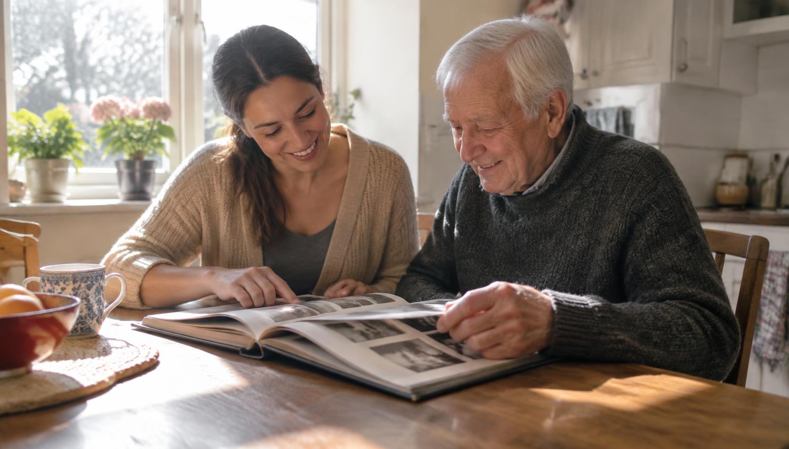 A caregiver and an older man smiling as they look through a photo album together at a sunny kitchen table
