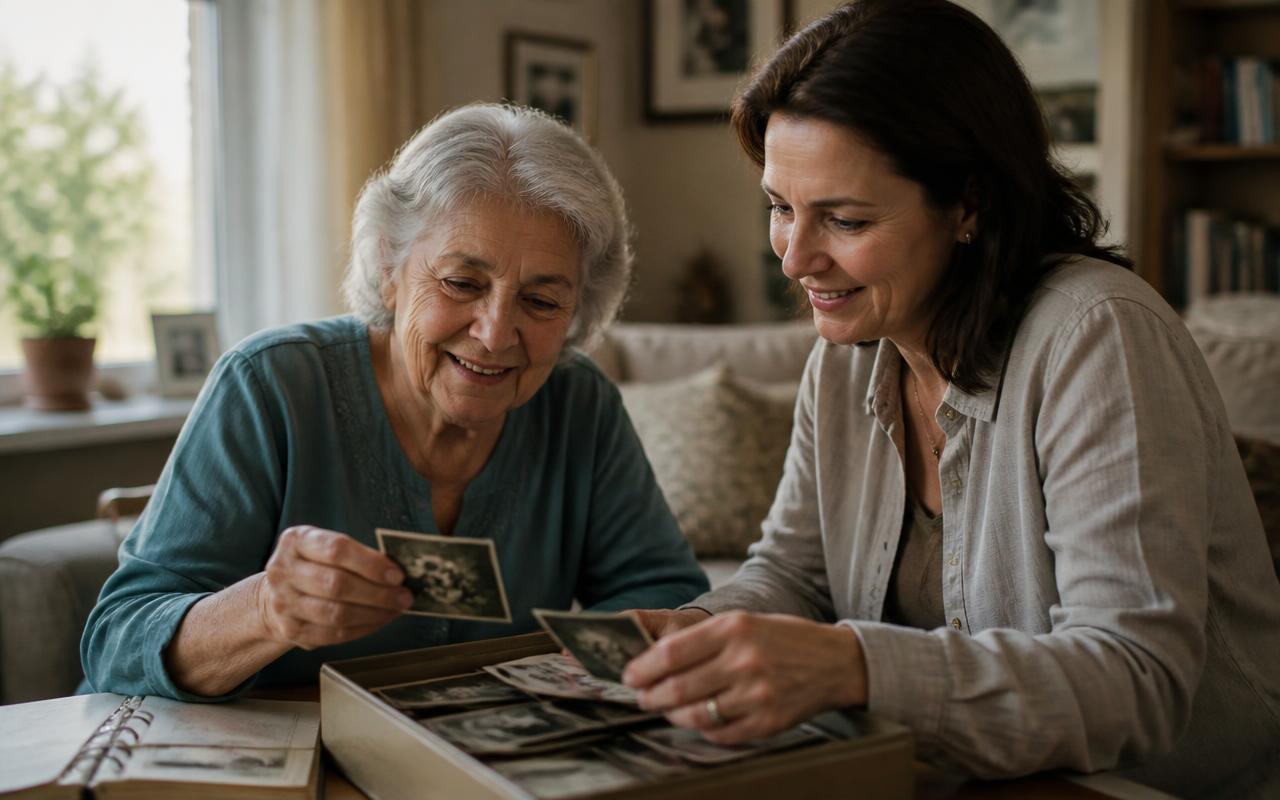 An older woman and her adult daughter sitting at a sunlit table looking through a box of old family photographs together