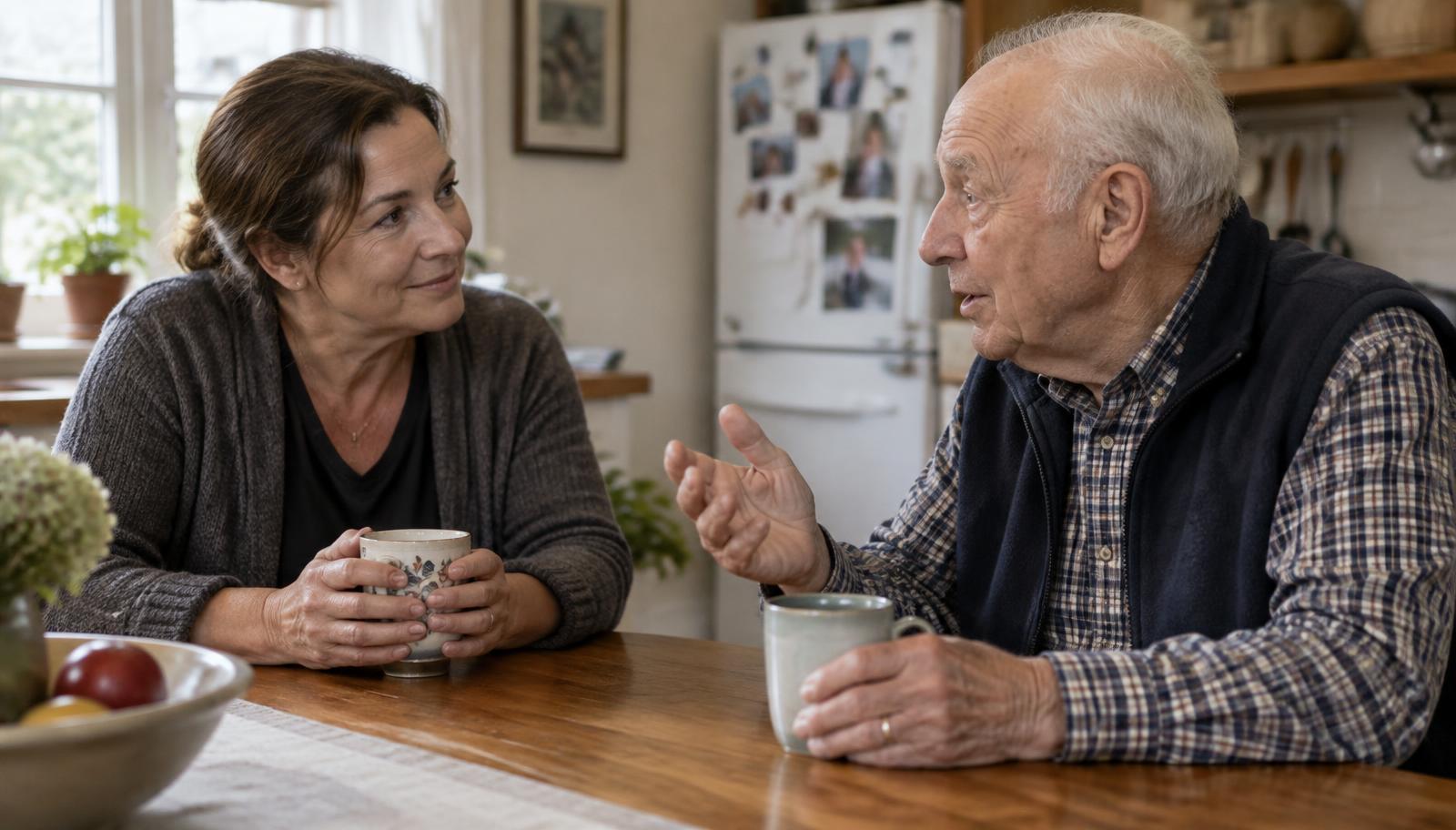 Family caregiver listening attentively to an older adult during a conversation at home.