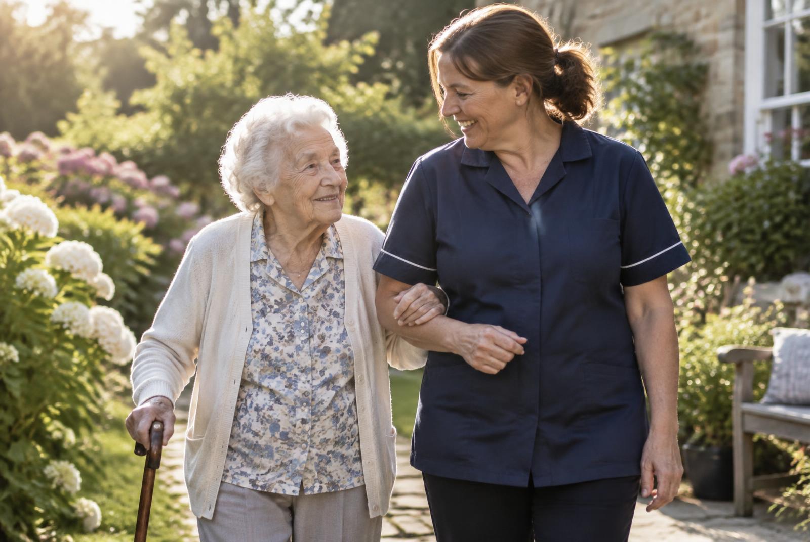 An older woman walking through a sunlit garden arm in arm with her caregiver