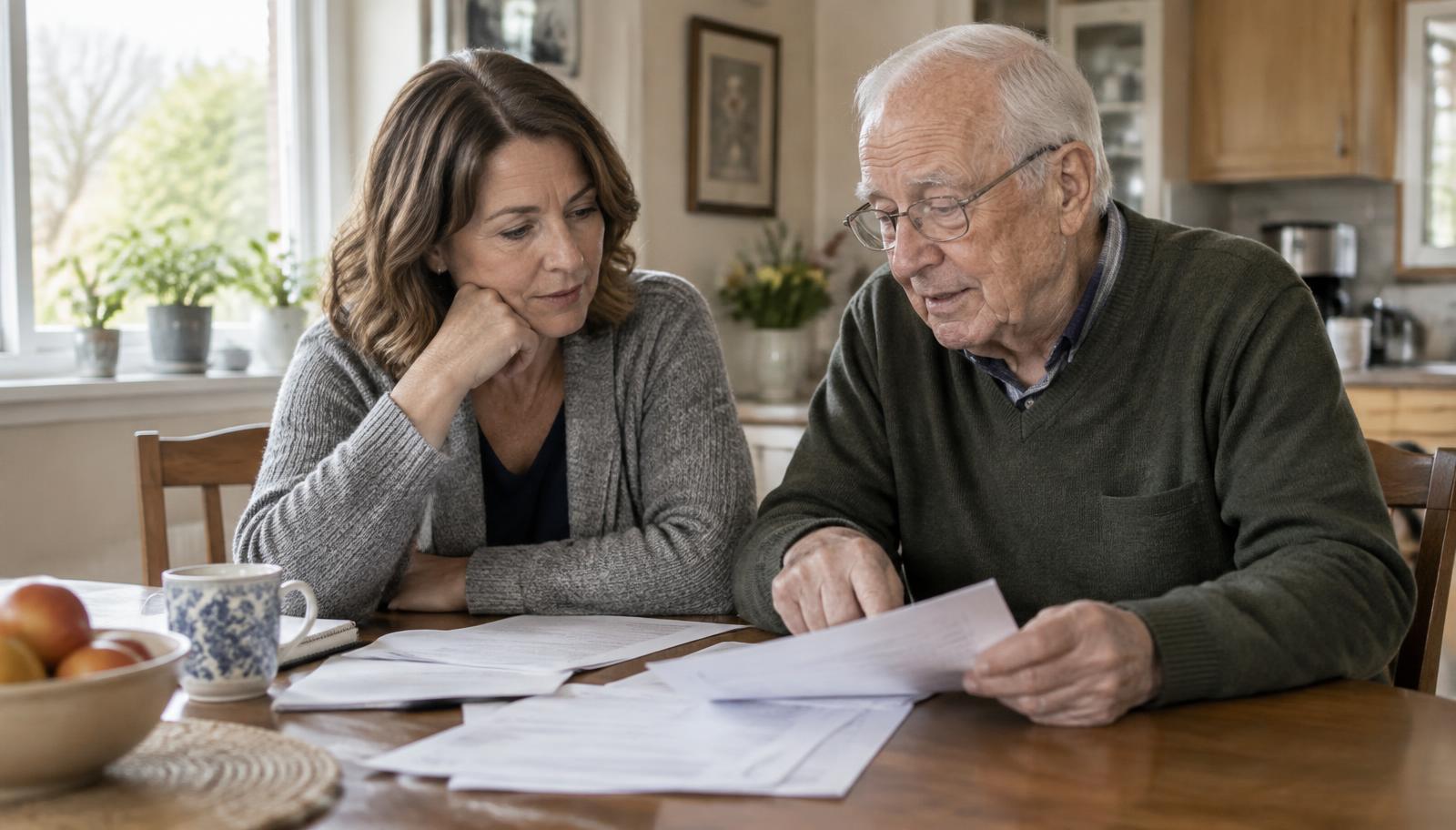 Family caregiver reviewing care-related paperwork with an older adult at home.