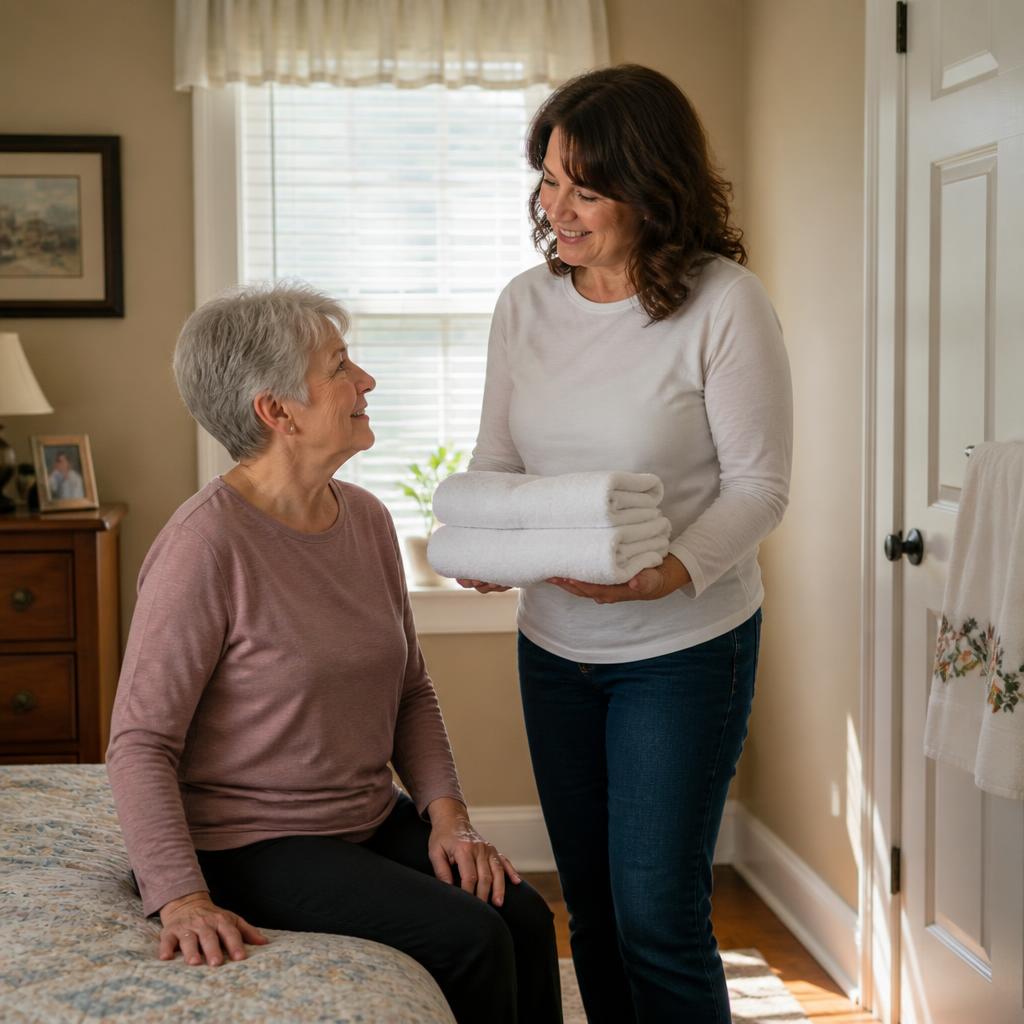 A smiling adult daughter holding fresh towels beside her elderly mother, who is seated on a bed in a sunlit bedroom