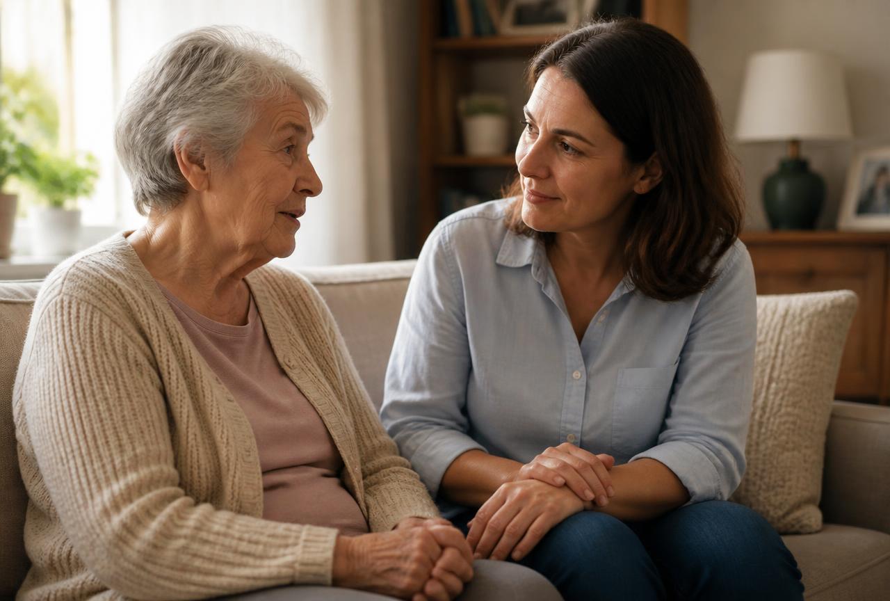 An adult daughter sitting close beside her elderly mother on a sofa at home, listening patiently and calmly