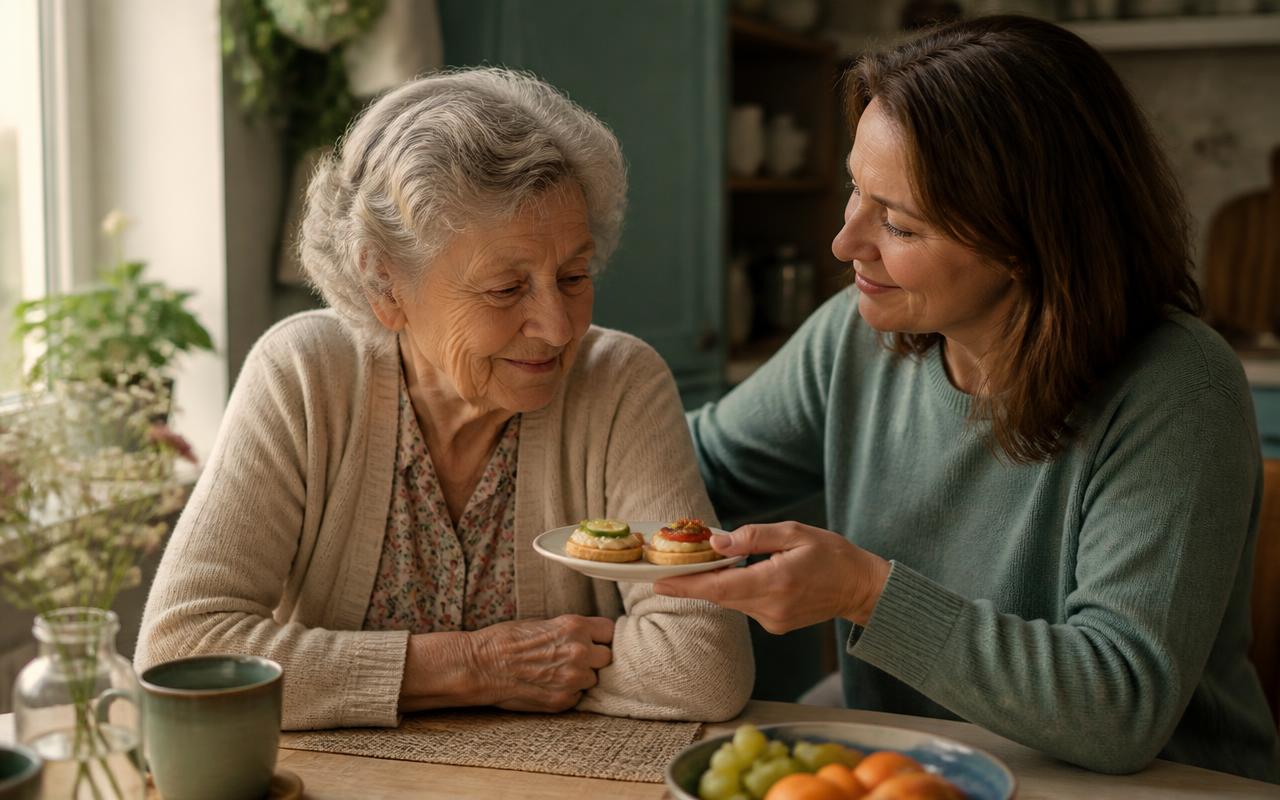 A daughter gently offering a small plate of finger foods to her mother at a sunlit kitchen table