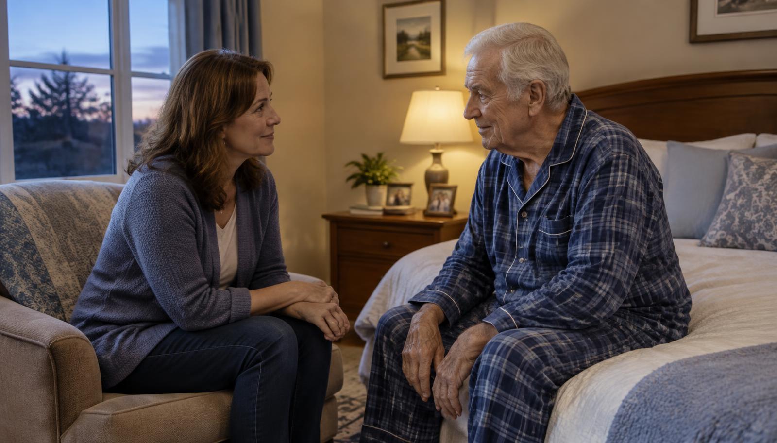 Family caregiver reassuring an older adult in a softly lit bedroom.