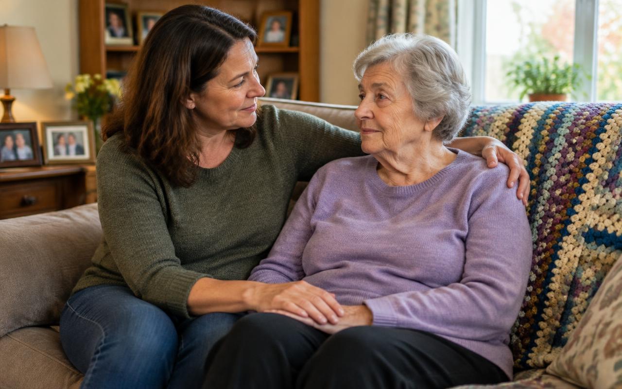 An adult caregiver calmly reassuring an older woman in a warm, familiar living room