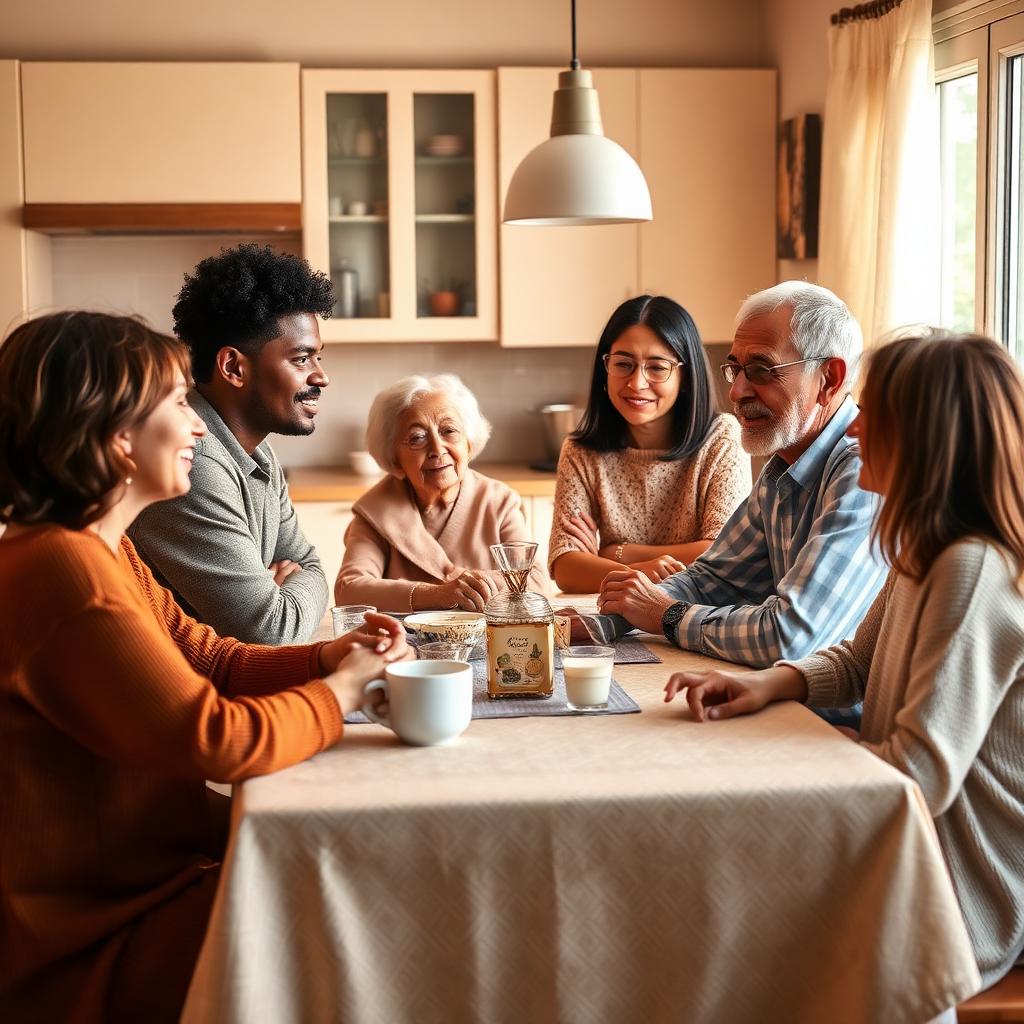 Multigenerational family talking together at a kitchen table