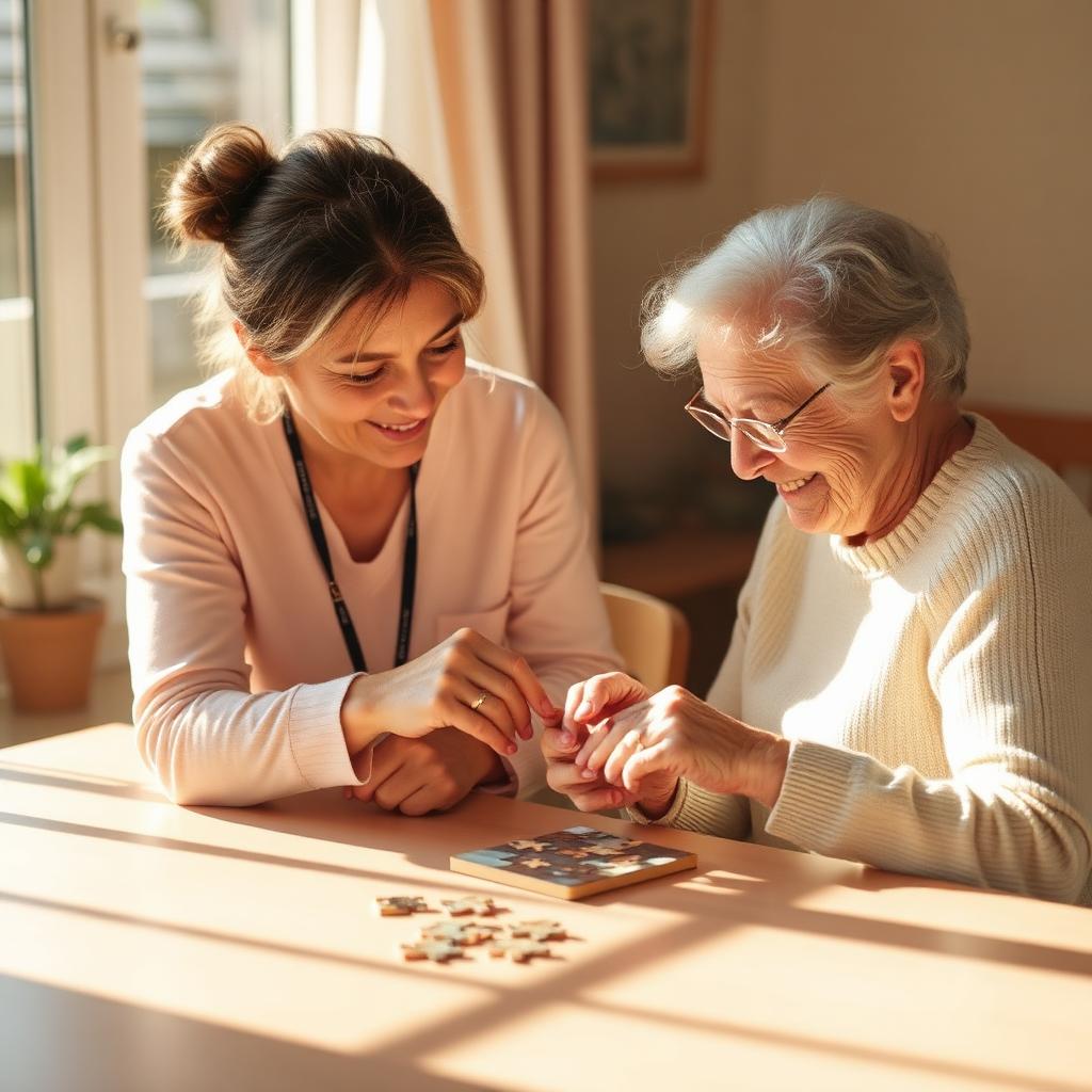Caregiver and elderly person doing a puzzle together at a sunlit table